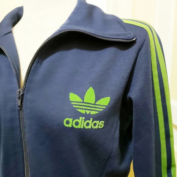 Adidas Vintage Jacket / Navy w/ Neon Green Stripes / Size Medium - Picture 2 of 5